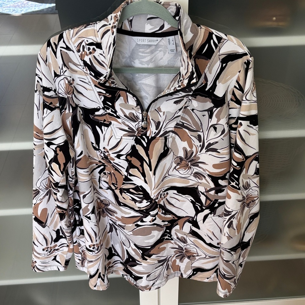 Sophie Shirt Women's Floral Quarter-Zip Sweatshirt - White, Brown, Tan, Black L